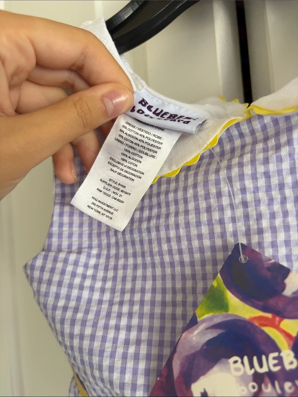 Blueberi Boulevard Lavender Gingham Dress with Yellow Belt and White Collar